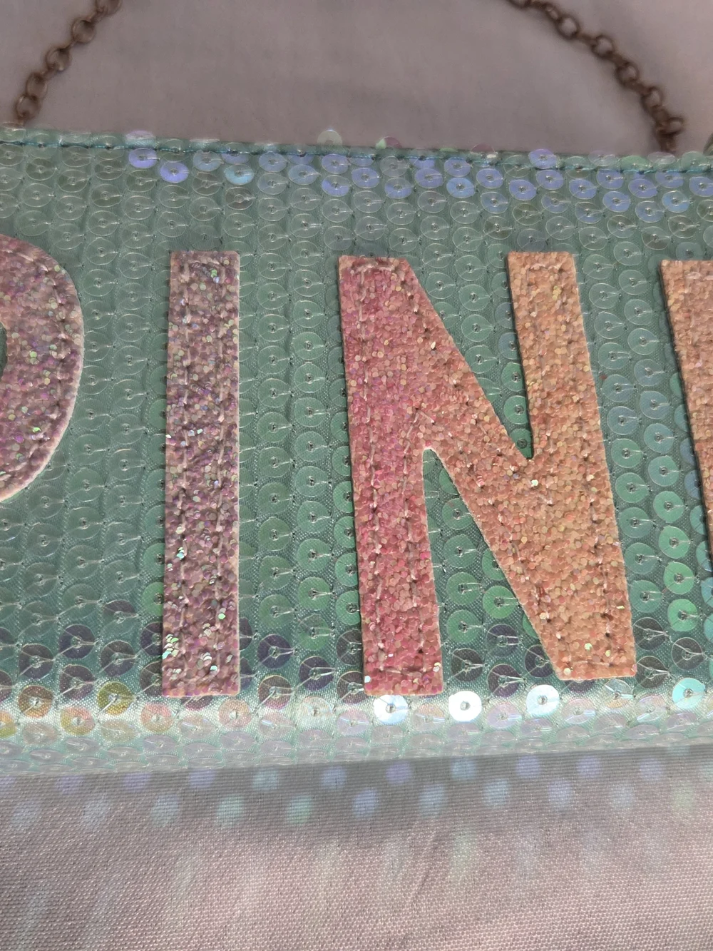 PINK Victoria's Secret Mint Sequin Clutch with Pink Glitter Logo